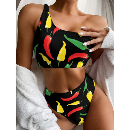 Colorful Chili Peppers Pattern Print One Shoulder Bikini Top