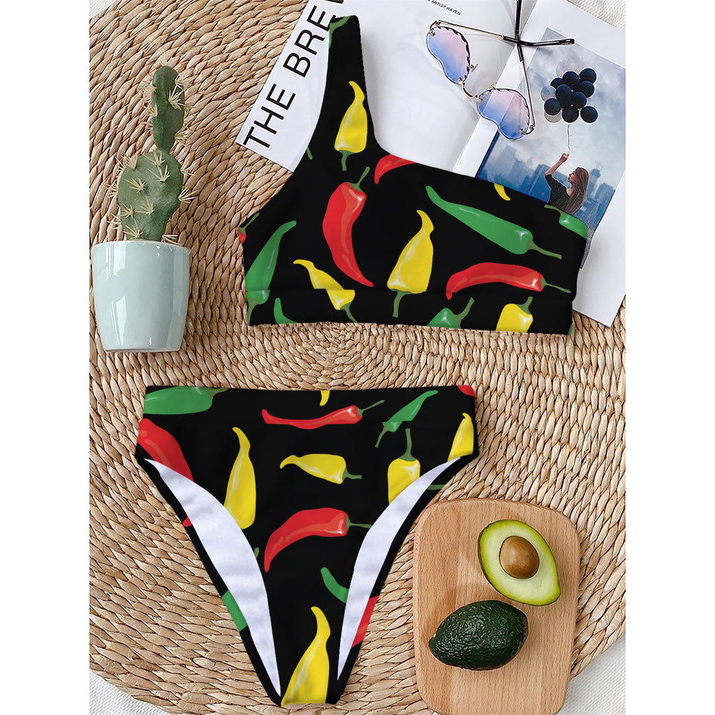 Colorful Chili Peppers Pattern Print One Shoulder Bikini Top