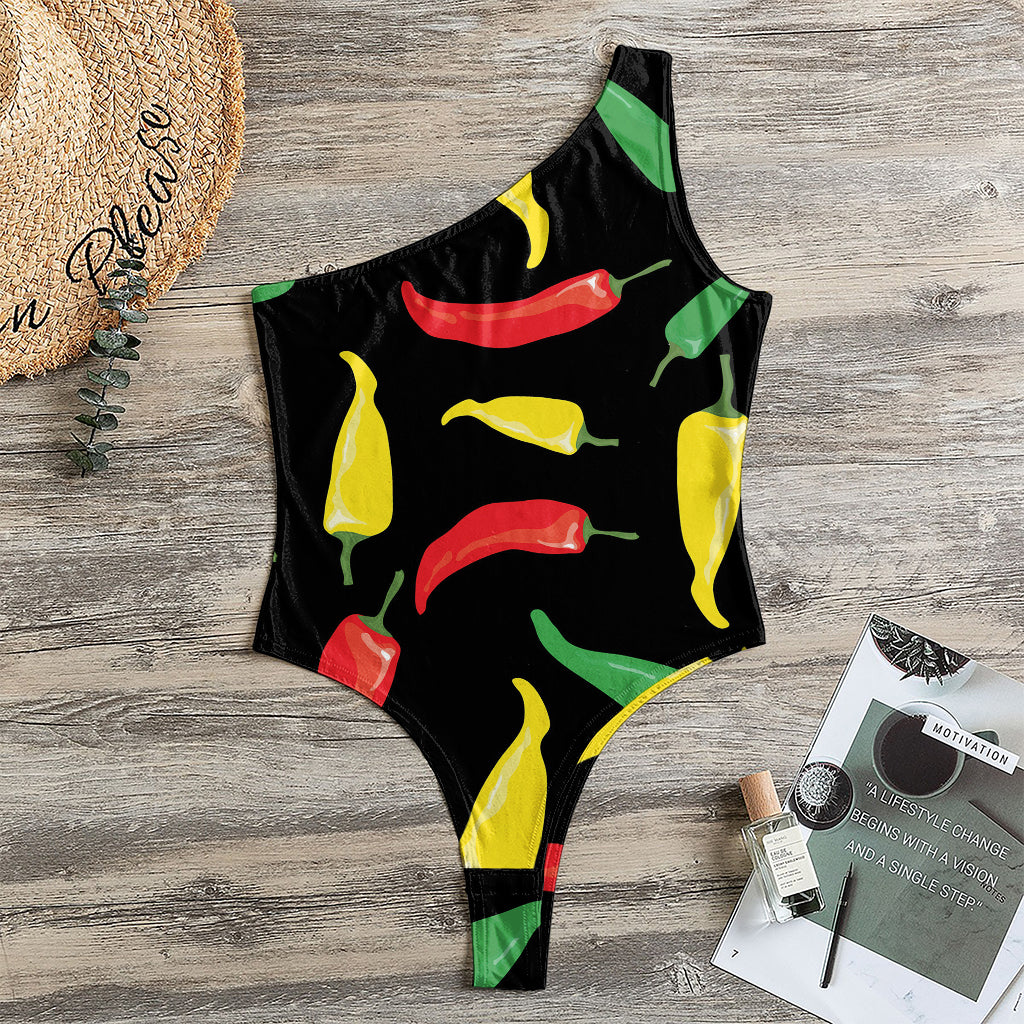Colorful Chili Peppers Pattern Print One Shoulder Bodysuit