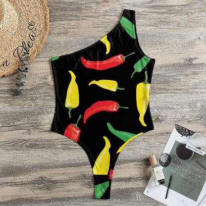 Colorful Chili Peppers Pattern Print One Shoulder Bodysuit