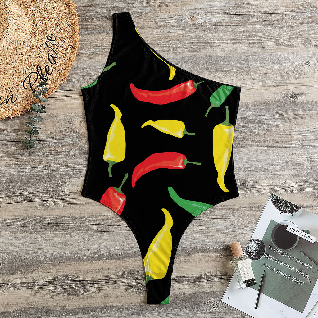 Colorful Chili Peppers Pattern Print One Shoulder Bodysuit