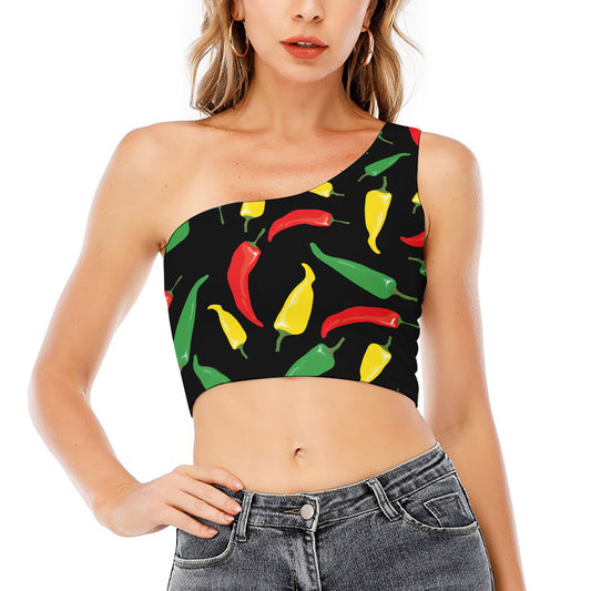 Colorful Chili Peppers Pattern Print One Shoulder Crop Top