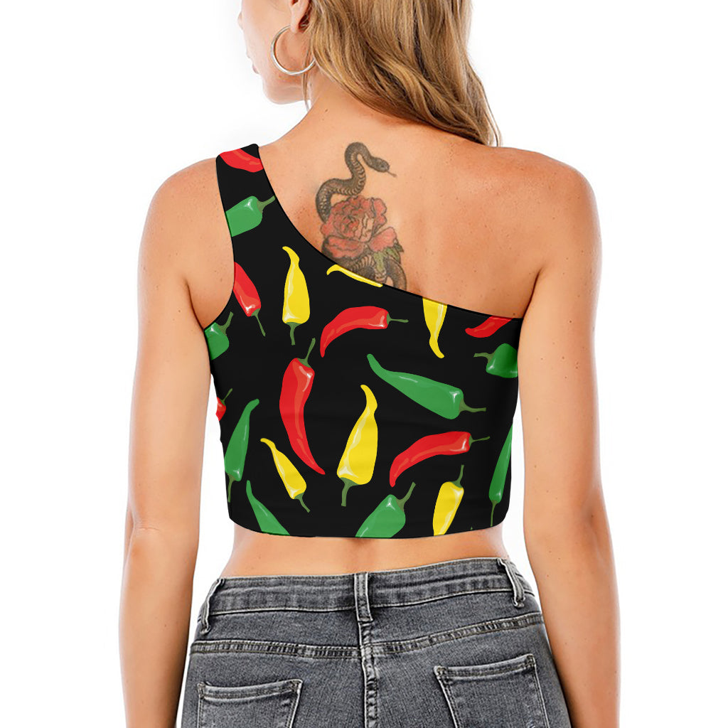 Colorful Chili Peppers Pattern Print One Shoulder Crop Top