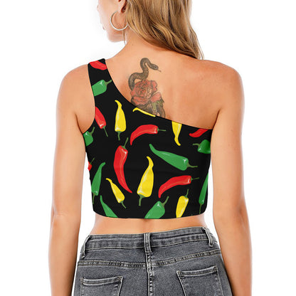 Colorful Chili Peppers Pattern Print One Shoulder Crop Top