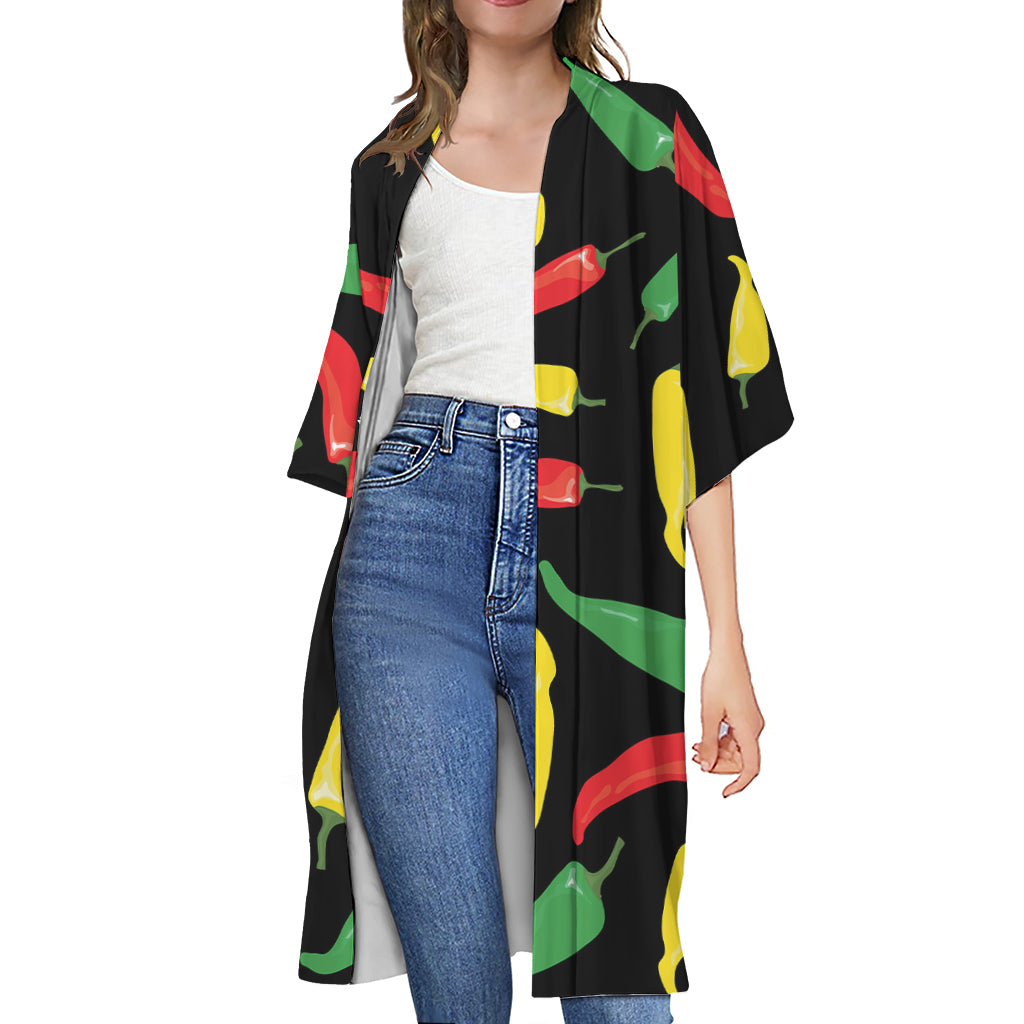 Colorful Chili Peppers Pattern Print Open Front Beach Cover Up