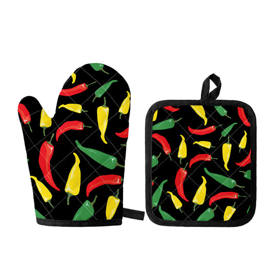 Colorful Chili Peppers Pattern Print Oven Mitt And Pot Holder Set
