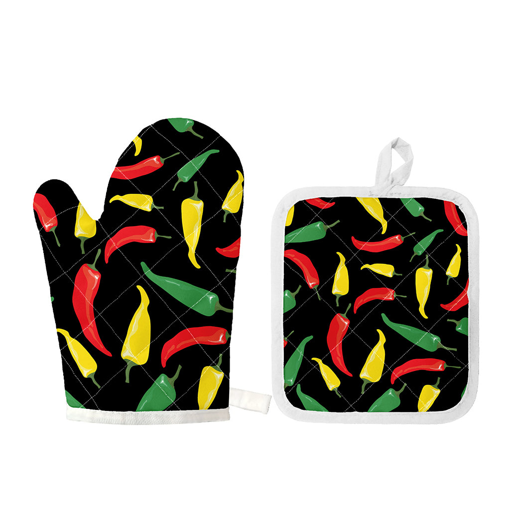 Colorful Chili Peppers Pattern Print Oven Mitt And Pot Holder Set
