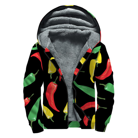 Colorful Chili Peppers Pattern Print Sherpa Lined Zip Up Hoodie
