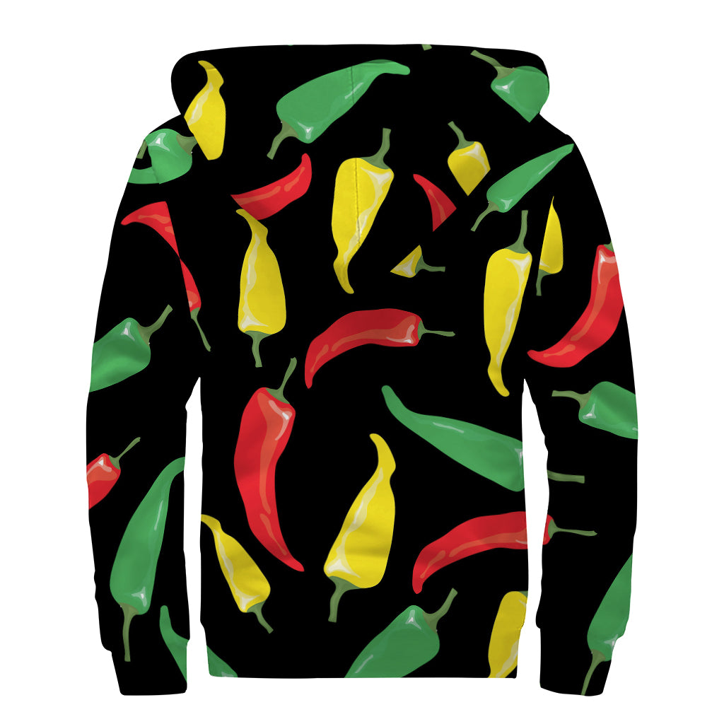 Colorful Chili Peppers Pattern Print Sherpa Lined Zip Up Hoodie