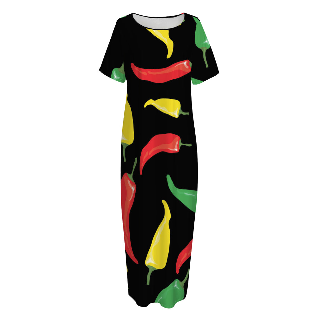 Colorful Chili Peppers Pattern Print Short Sleeve Long Nightdress