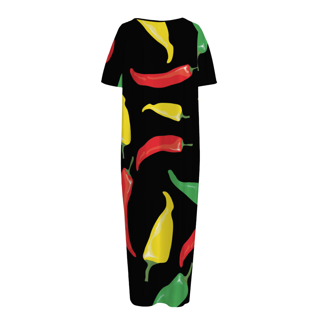 Colorful Chili Peppers Pattern Print Short Sleeve Long Nightdress