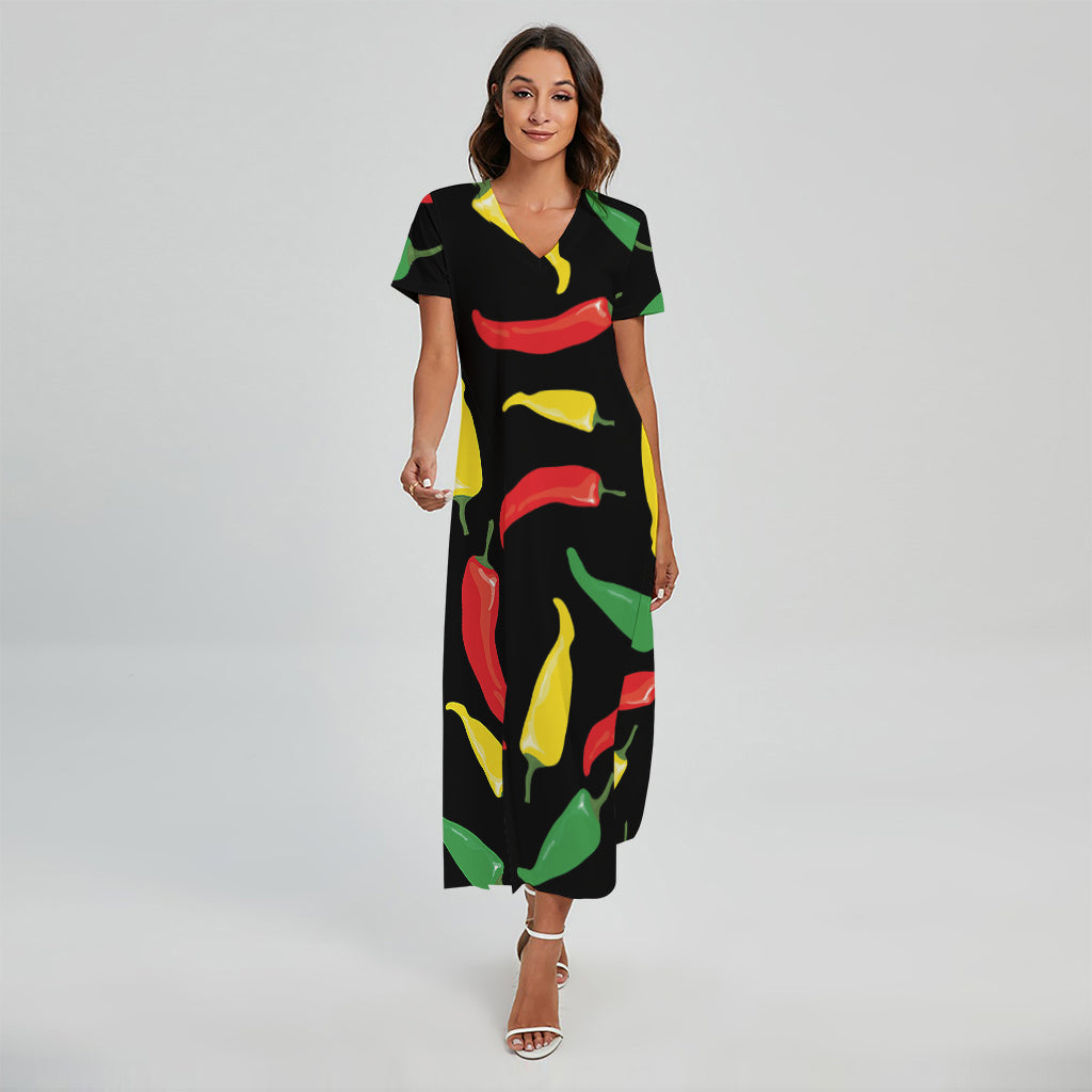 Colorful Chili Peppers Pattern Print Short Sleeve Maxi Dress