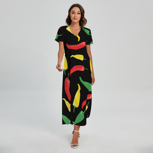 Colorful Chili Peppers Pattern Print Short Sleeve Maxi Dress