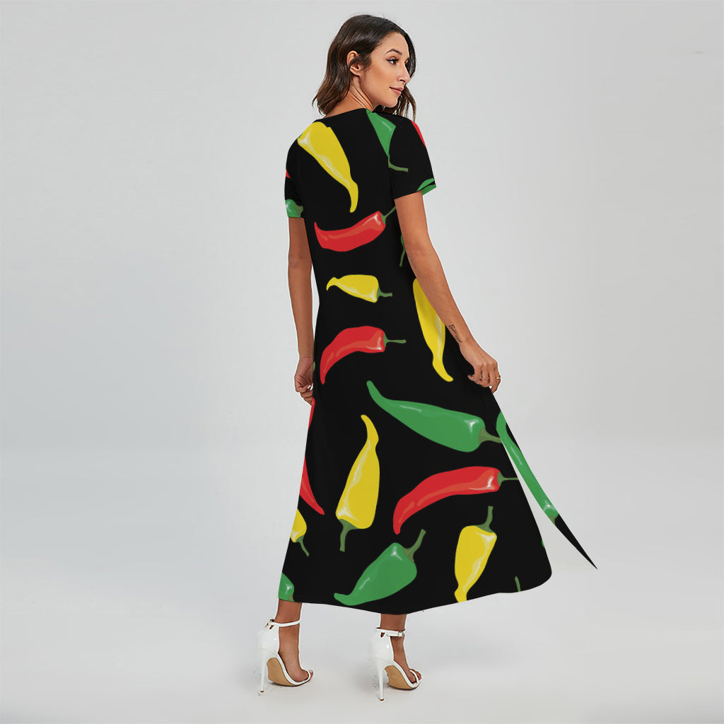 Colorful Chili Peppers Pattern Print Short Sleeve Maxi Dress