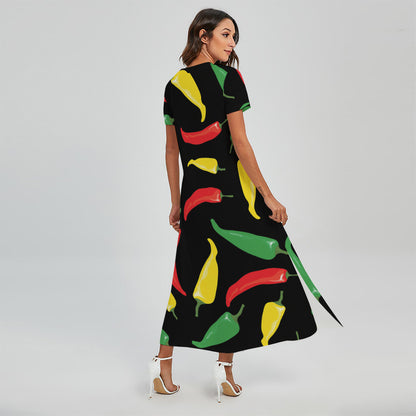 Colorful Chili Peppers Pattern Print Short Sleeve Maxi Dress
