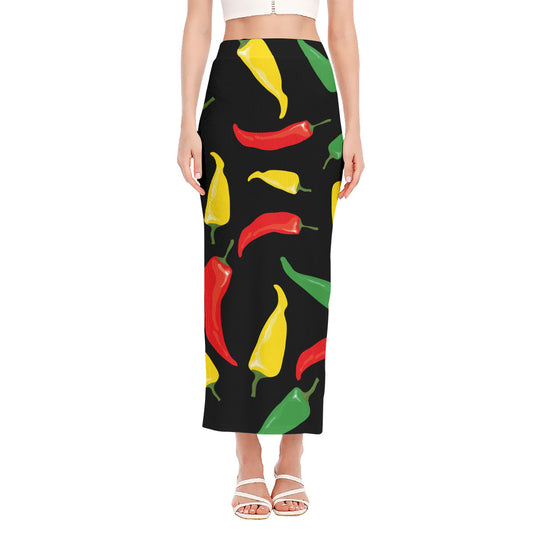 Colorful Chili Peppers Pattern Print Side Slit Maxi Skirt