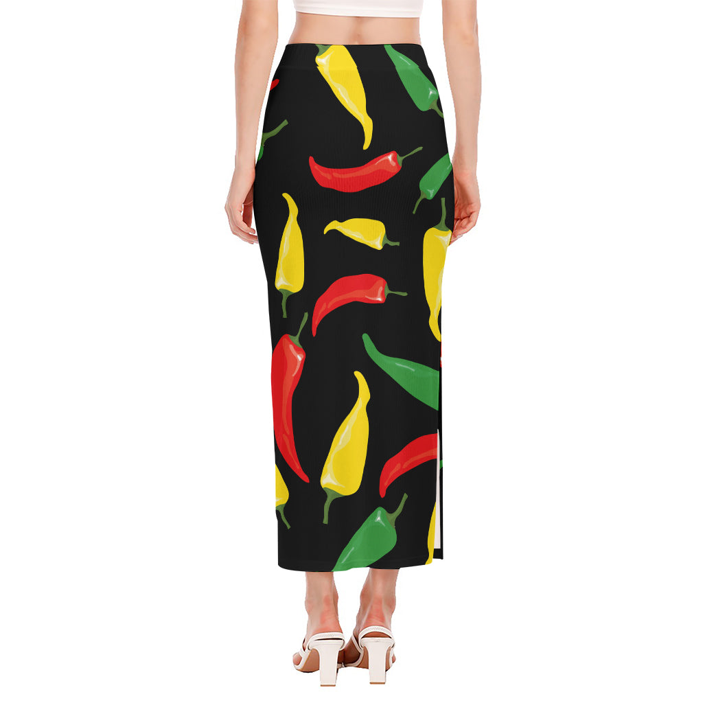 Colorful Chili Peppers Pattern Print Side Slit Maxi Skirt