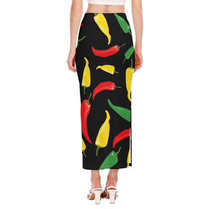 Colorful Chili Peppers Pattern Print Side Slit Maxi Skirt