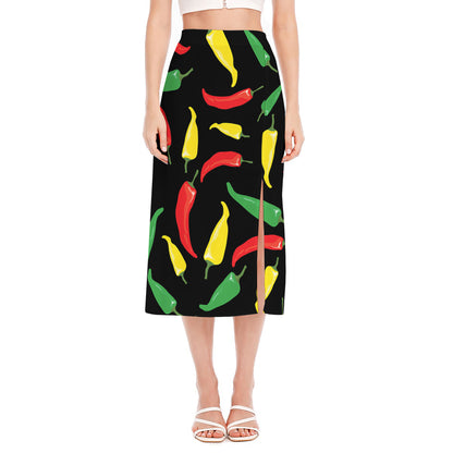 Colorful Chili Peppers Pattern Print Side Slit Midi Skirt