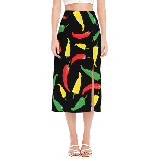 Colorful Chili Peppers Pattern Print Side Slit Midi Skirt
