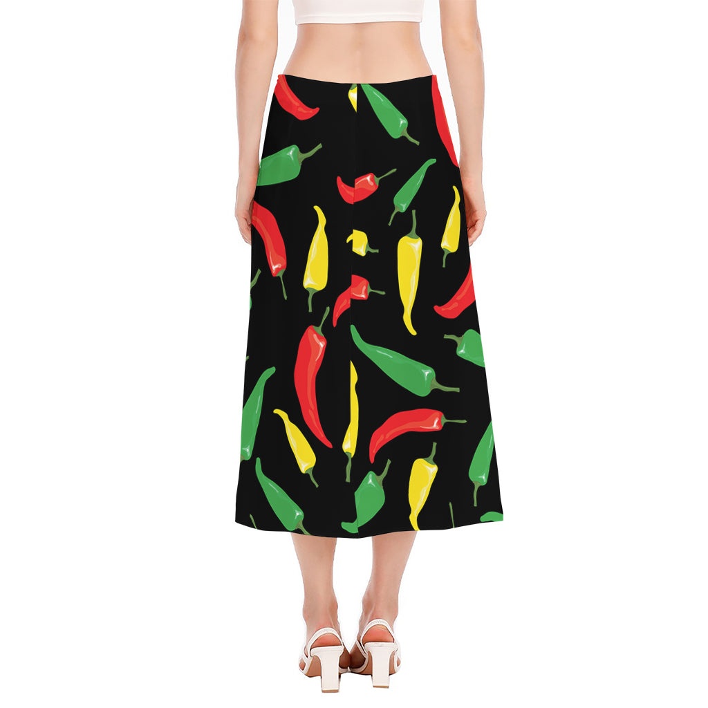 Colorful Chili Peppers Pattern Print Side Slit Midi Skirt