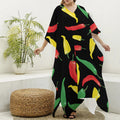 Colorful Chili Peppers Pattern Print Silk V-Neck Kaftan Dress