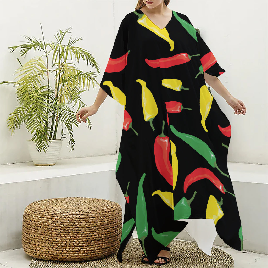 Colorful Chili Peppers Pattern Print Silk V-Neck Kaftan Dress
