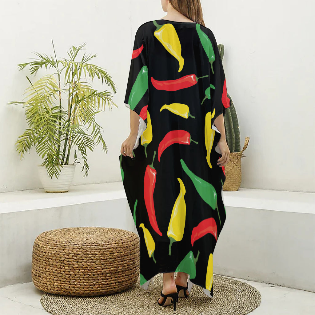 Colorful Chili Peppers Pattern Print Silk V-Neck Kaftan Dress