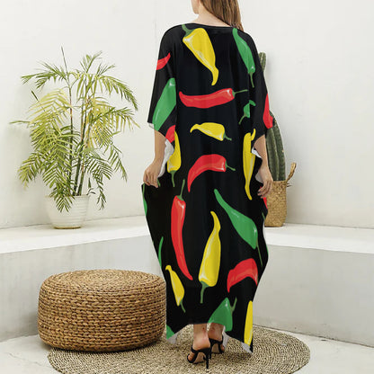 Colorful Chili Peppers Pattern Print Silk V-Neck Kaftan Dress