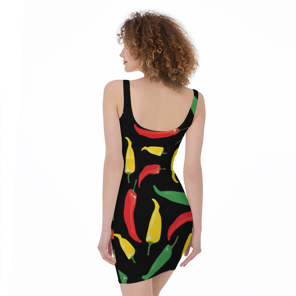 Colorful Chili Peppers Pattern Print Sleeveless Bodycon Dress
