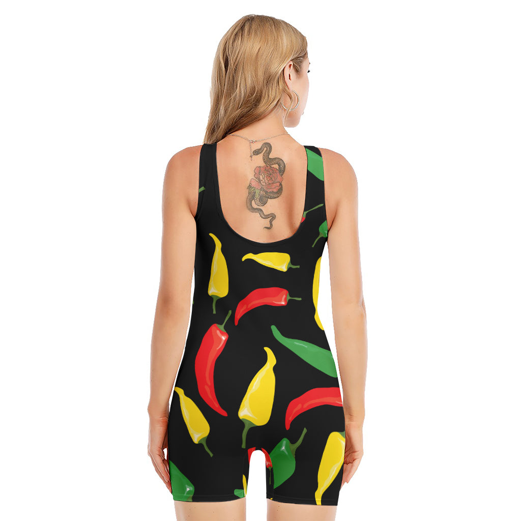 Colorful Chili Peppers Pattern Print Sleeveless One Piece Swimsuit