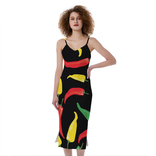 Colorful Chili Peppers Pattern Print Slim Fit Midi Cami Dress