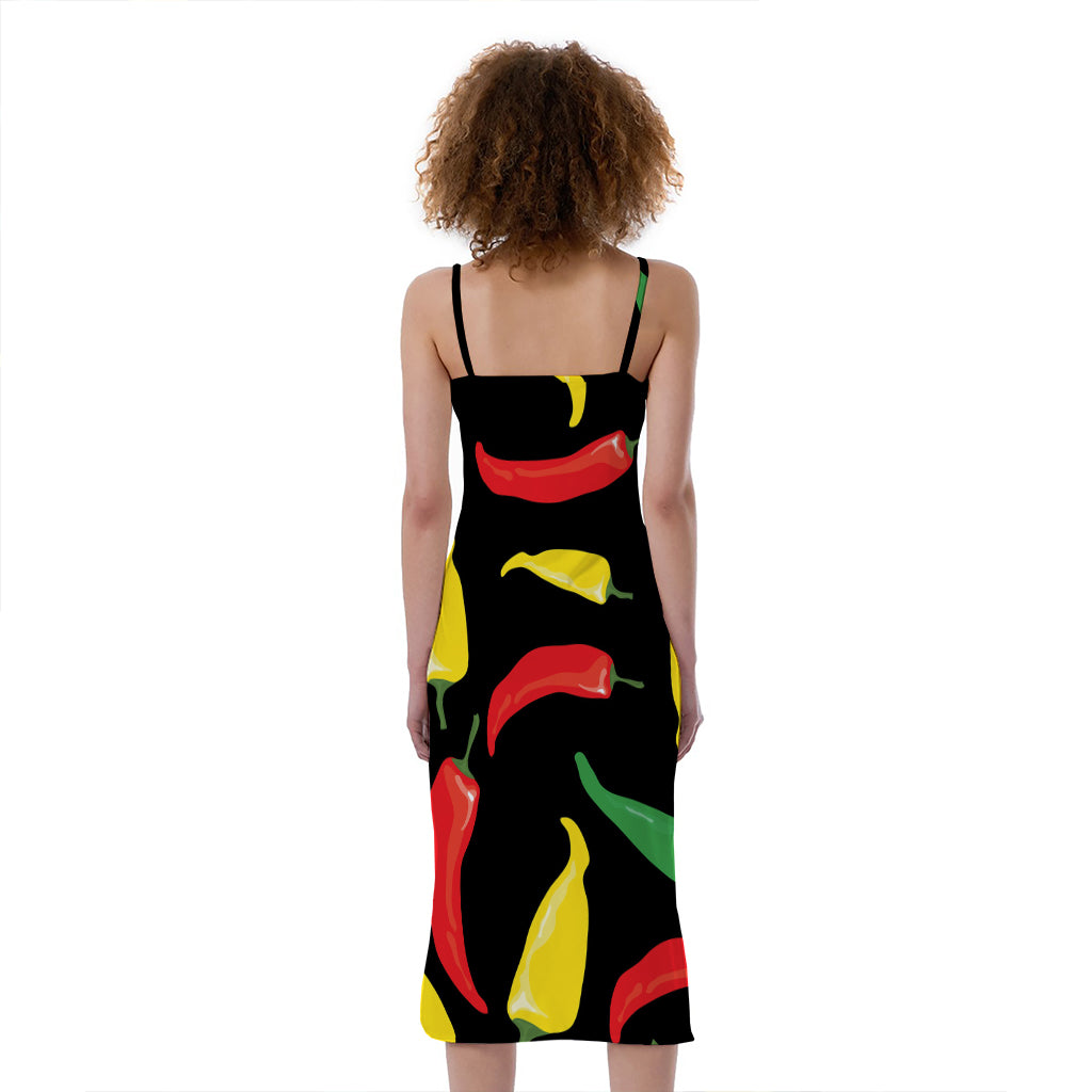Colorful Chili Peppers Pattern Print Slim Fit Midi Cami Dress
