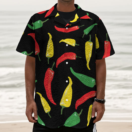 Colorful Chili Peppers Pattern Print Textured Short Sleeve Shirt