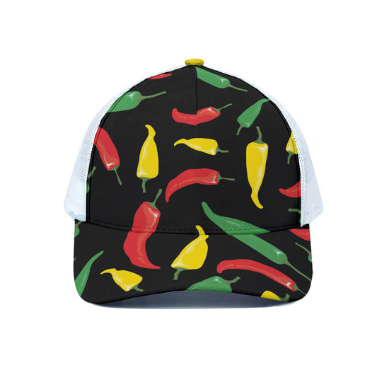 Colorful Chili Peppers Pattern Print White Mesh Trucker Cap