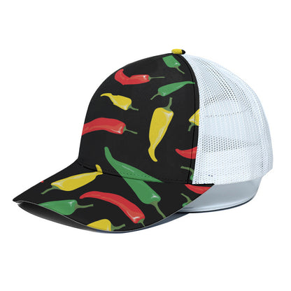 Colorful Chili Peppers Pattern Print White Mesh Trucker Cap