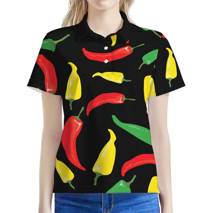 Colorful Chili Peppers Pattern Print Women's Polo Shirt
