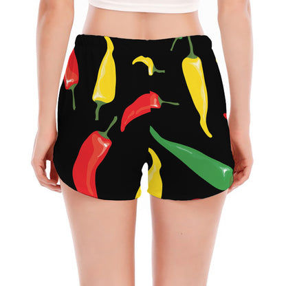 Colorful Chili Peppers Pattern Print Women's Split Running Shorts