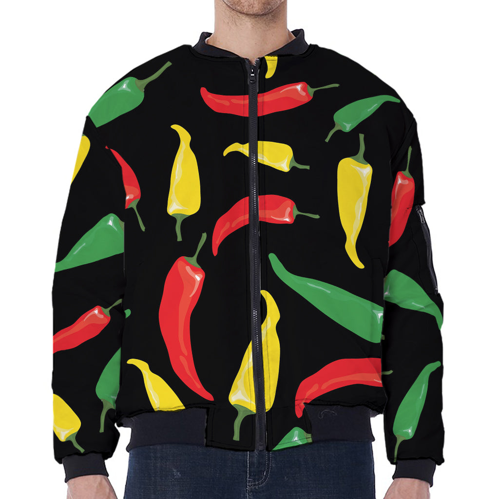 Colorful Chili Peppers Pattern Print Zip Sleeve Bomber Jacket