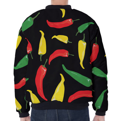 Colorful Chili Peppers Pattern Print Zip Sleeve Bomber Jacket