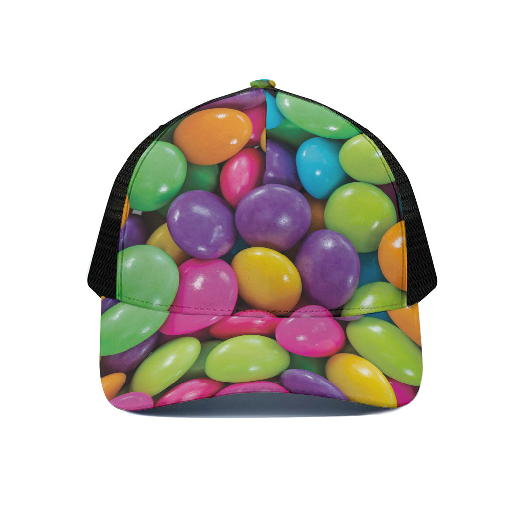 Colorful Chocolate Candy Print Black Mesh Trucker Cap