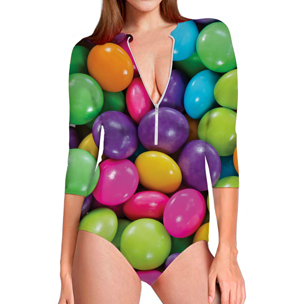 Colorful Chocolate Candy Print Long Sleeve Swimsuit