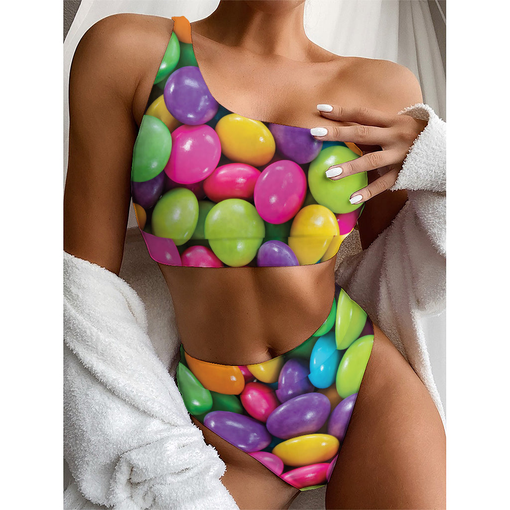 Colorful Chocolate Candy Print One Shoulder Bikini Top
