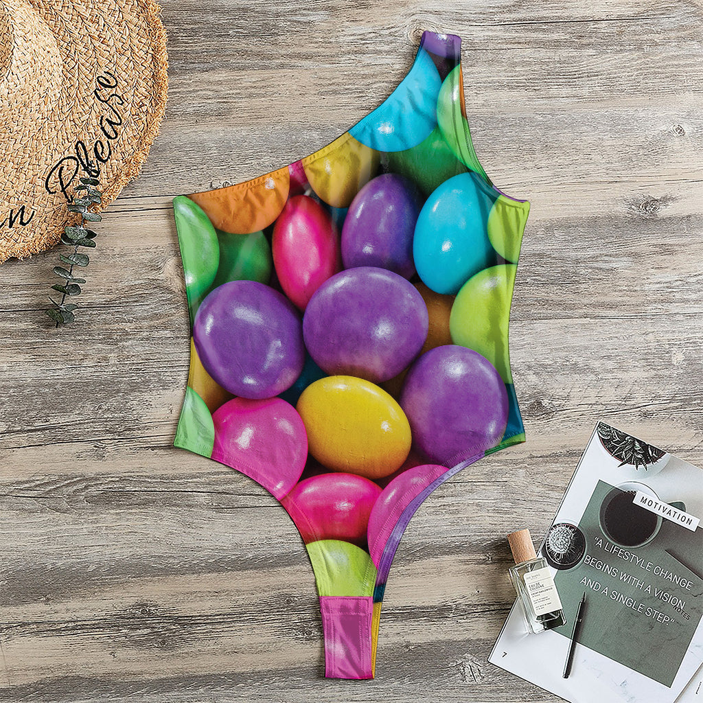 Colorful Chocolate Candy Print One Shoulder Bodysuit