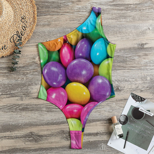 Colorful Chocolate Candy Print One Shoulder Bodysuit