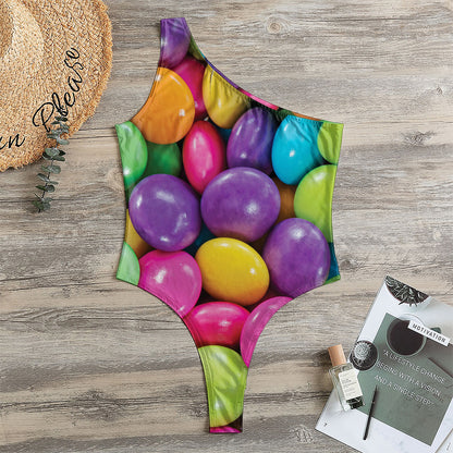 Colorful Chocolate Candy Print One Shoulder Bodysuit