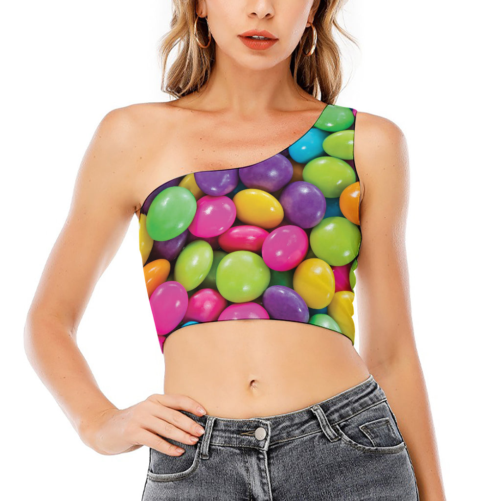 Colorful Chocolate Candy Print One Shoulder Crop Top