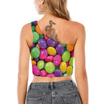 Colorful Chocolate Candy Print One Shoulder Crop Top