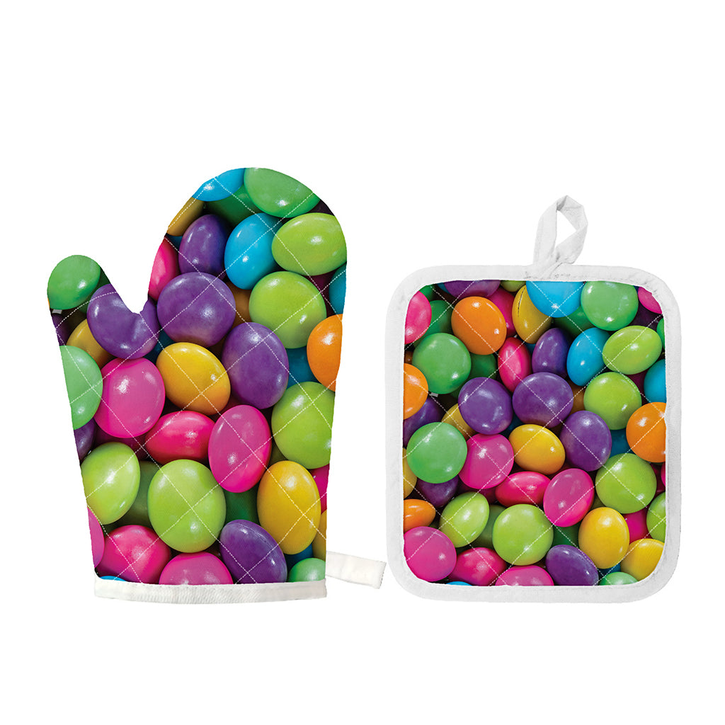 Colorful Chocolate Candy Print Oven Mitt And Pot Holder Set