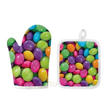 Colorful Chocolate Candy Print Oven Mitt And Pot Holder Set